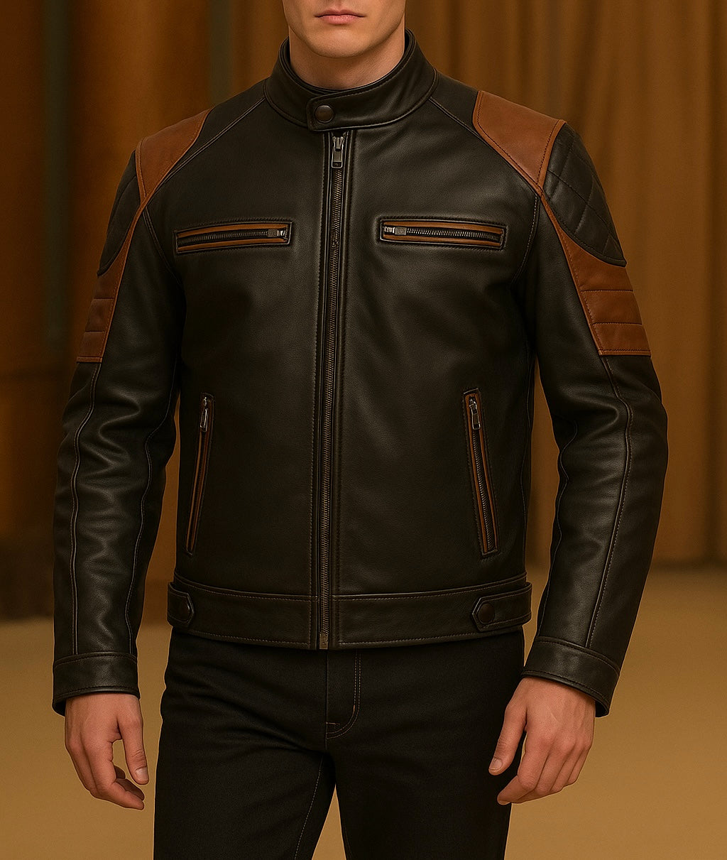 Men's Black and Brown Biker Leather Jacket