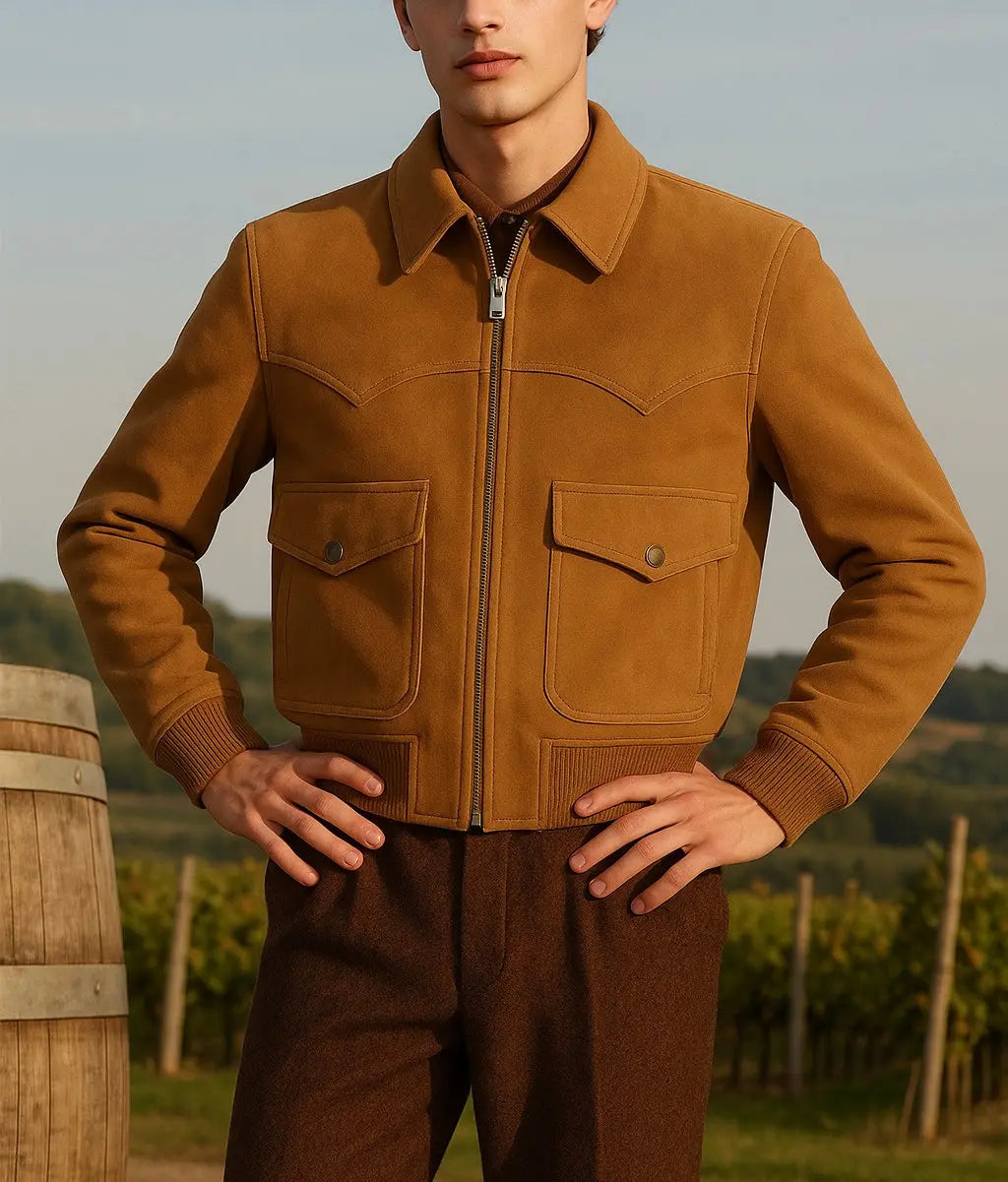 Men's Tan Suede Bomber Jacket Custom Leathers
