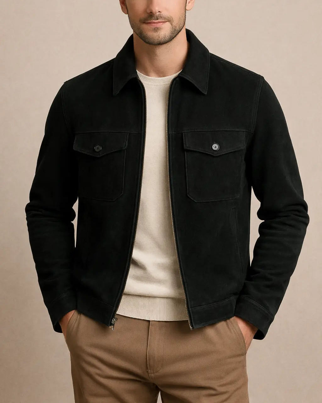 Men's Black Suede Shirt Collar Jacket Custom Leathers