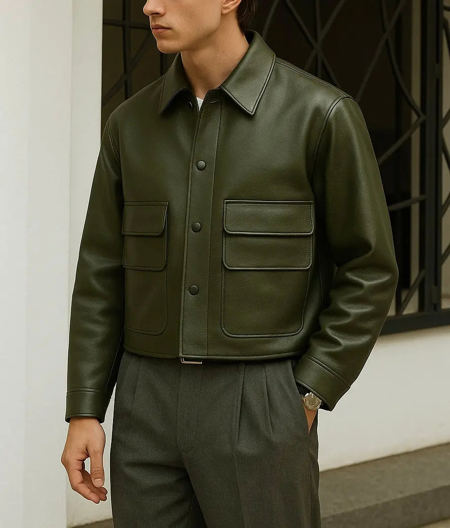 Men's Olive Green Leather Jacket Custom Leathers