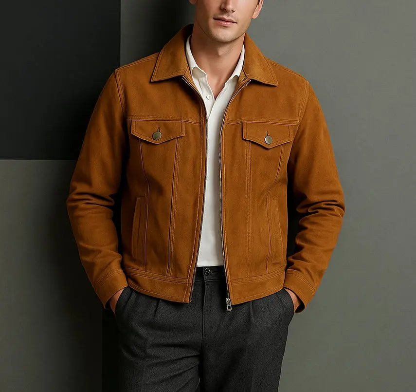 Men's Tan Suede Trucker Jacket Custom Leathers