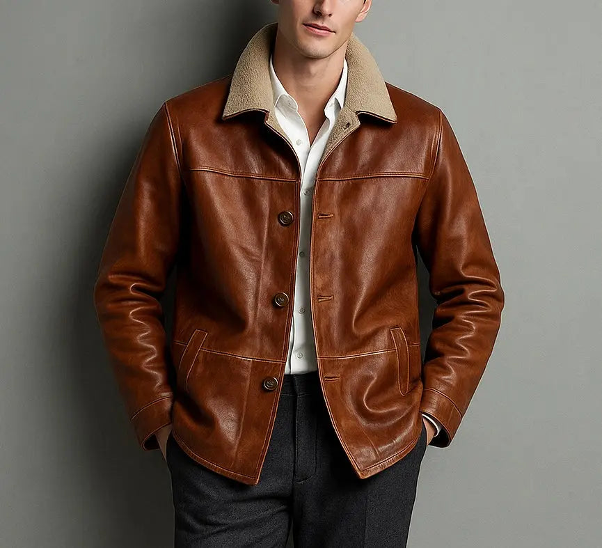 Men's Brown Leather Jacket with Shearling Collar Custom Leathers