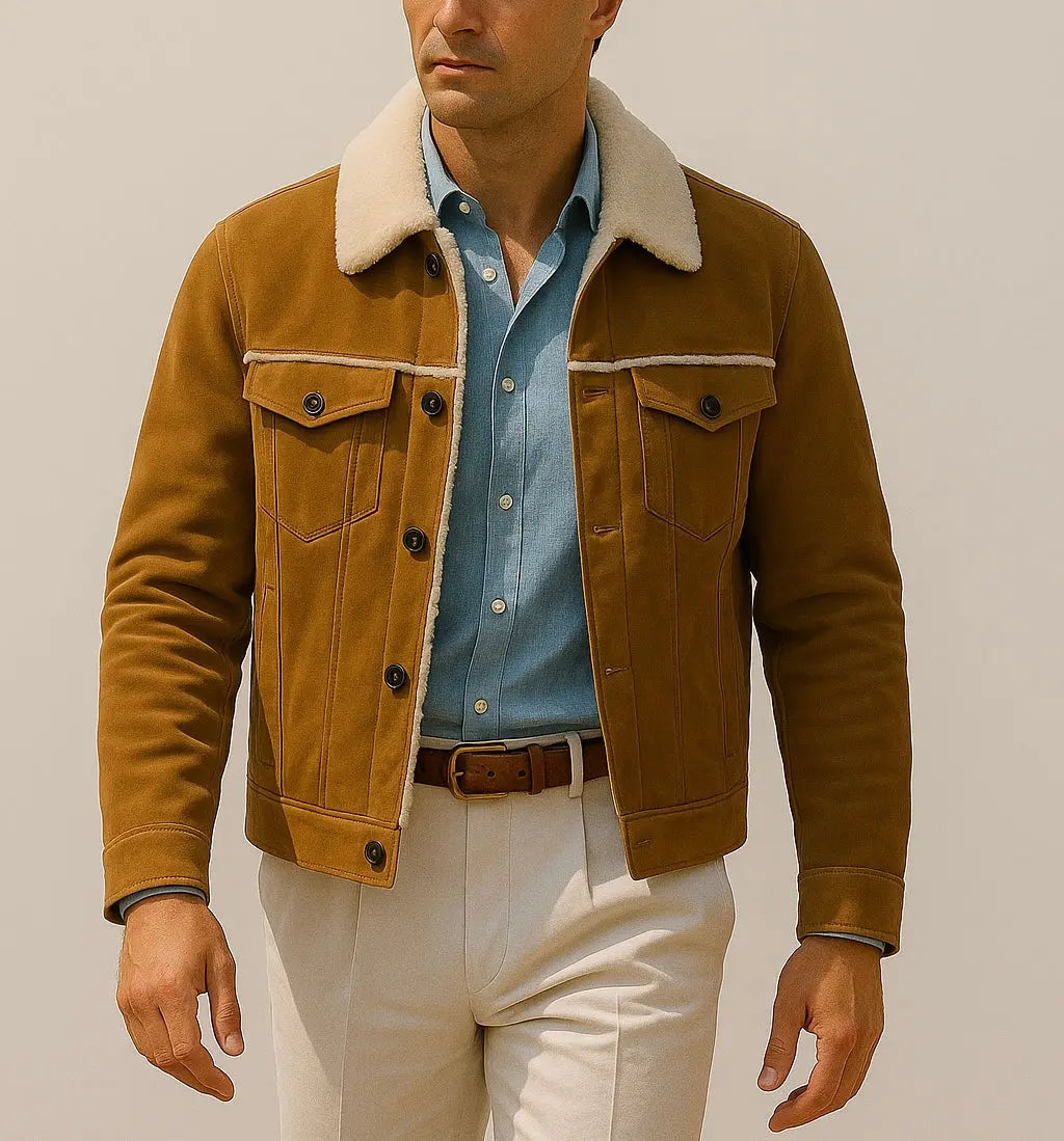 Men's Tan Suede Shearling Collar Jacket Custom Leathers
