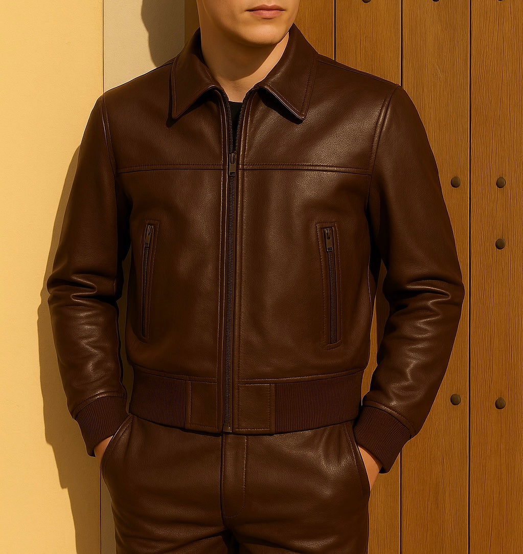 Men's Brown Leather Bomber Jacket