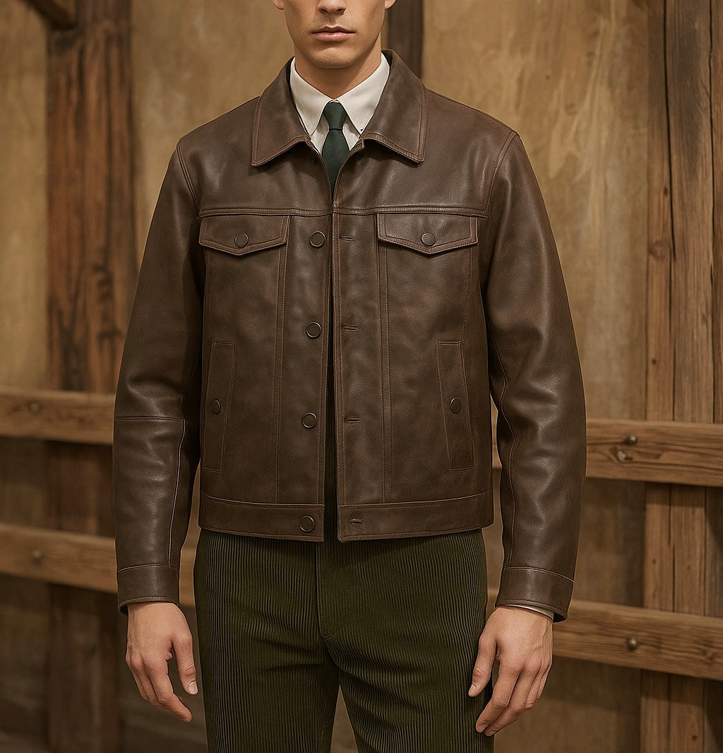 Men's Brown Leather Trucker Jacket