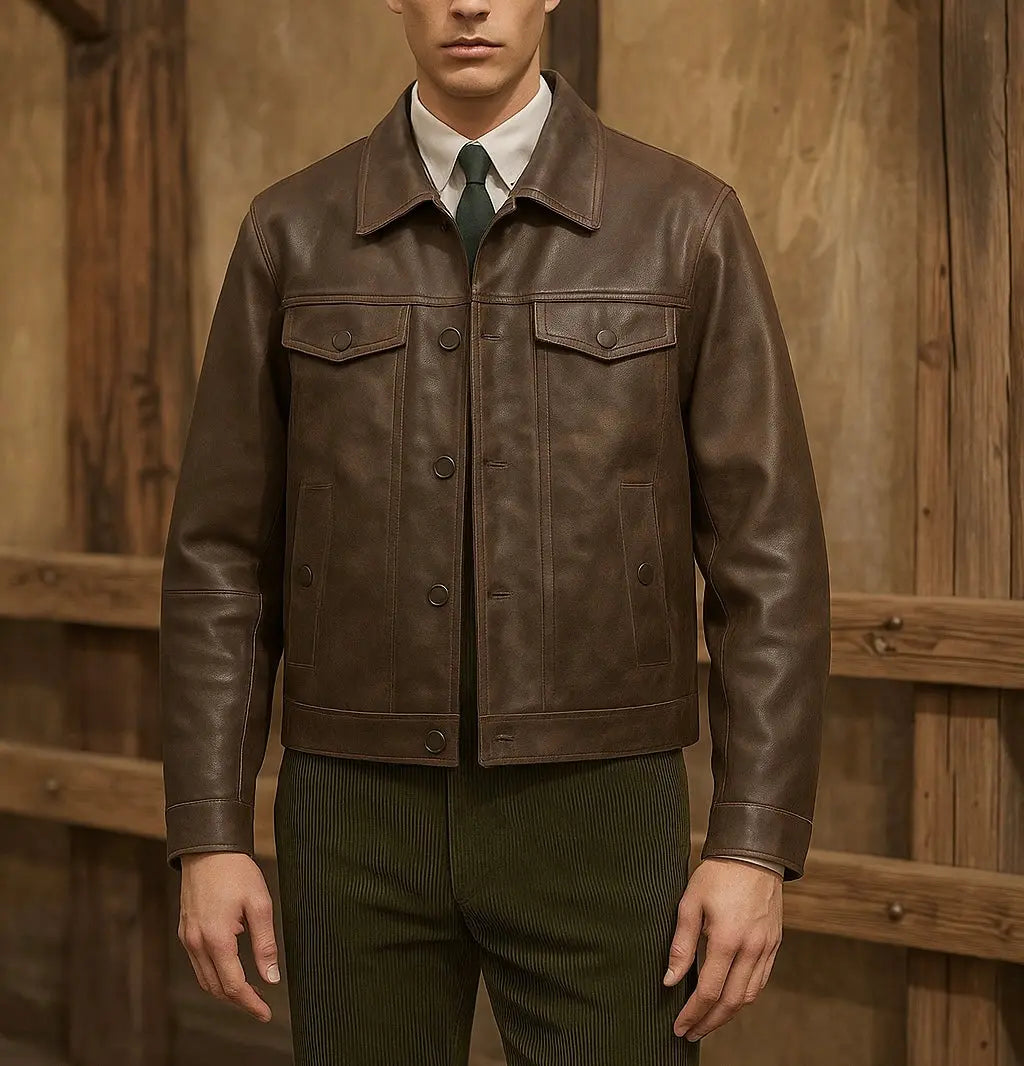 Men's Brown Leather Trucker Jacket Custom Leathers