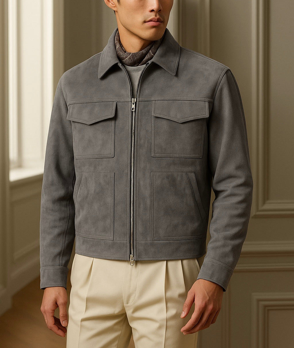 Men's Gray Suede Leather Jacket