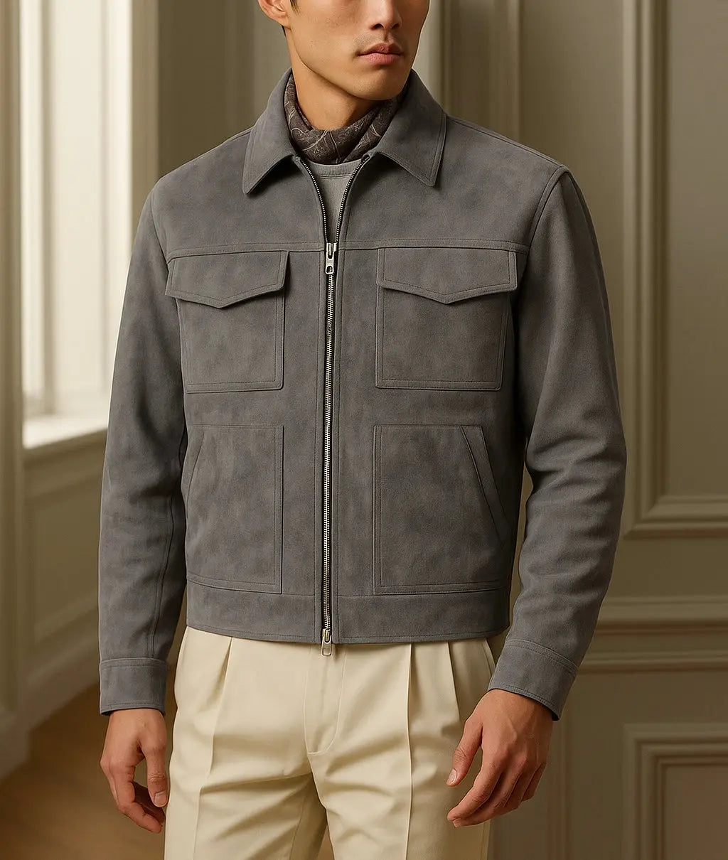 Men's Gray Suede Leather Jacket Custom Leathers