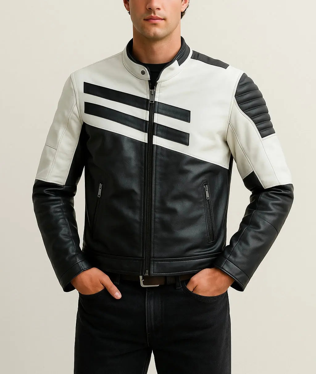 Men's Black and White Biker Leather Jacket Custom Leathers