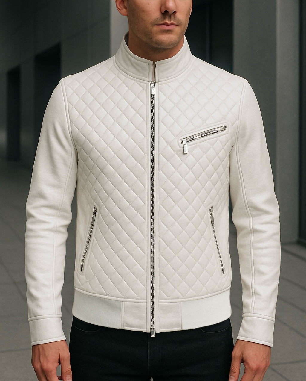 Men's White Quilted Leather Jacket