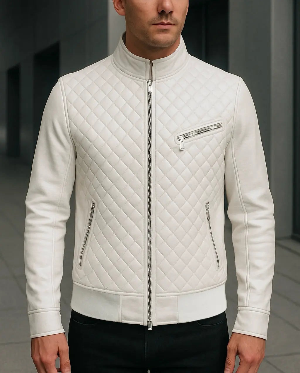 Men's White Quilted Leather Jacket Custom Leathers