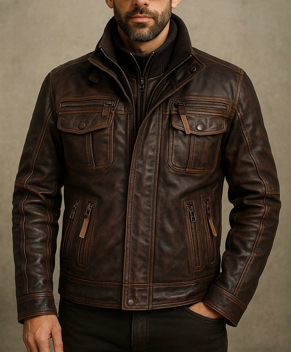 Men's Distressed Brown Leather Biker Jacket