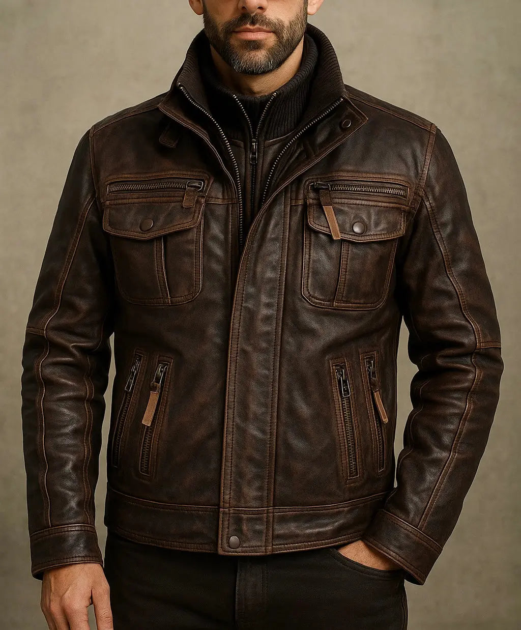 Men's Distressed Brown Leather Biker Jacket Custom Leathers