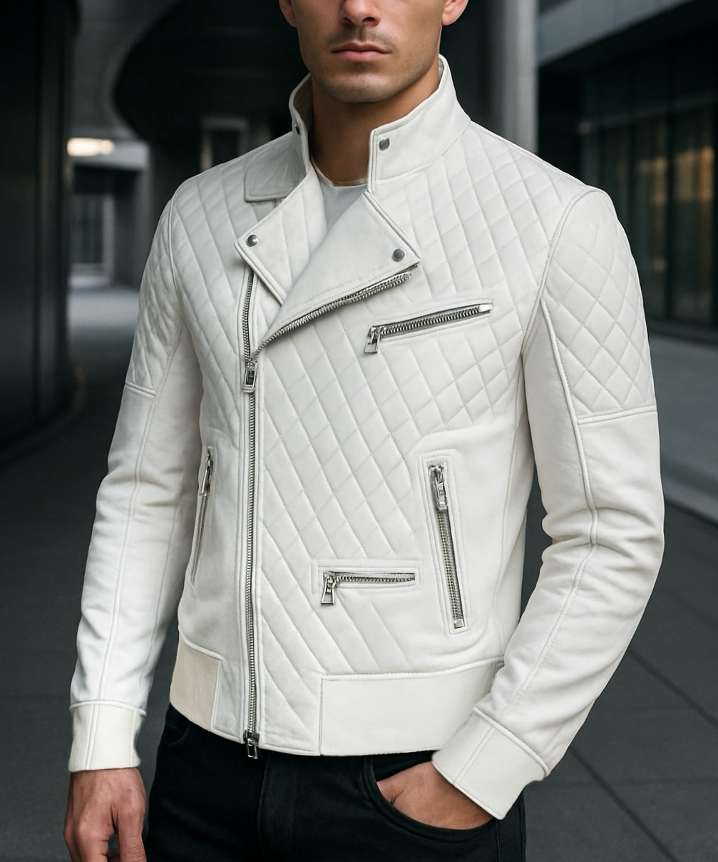 Men's White Quilted Leather Biker Jacket