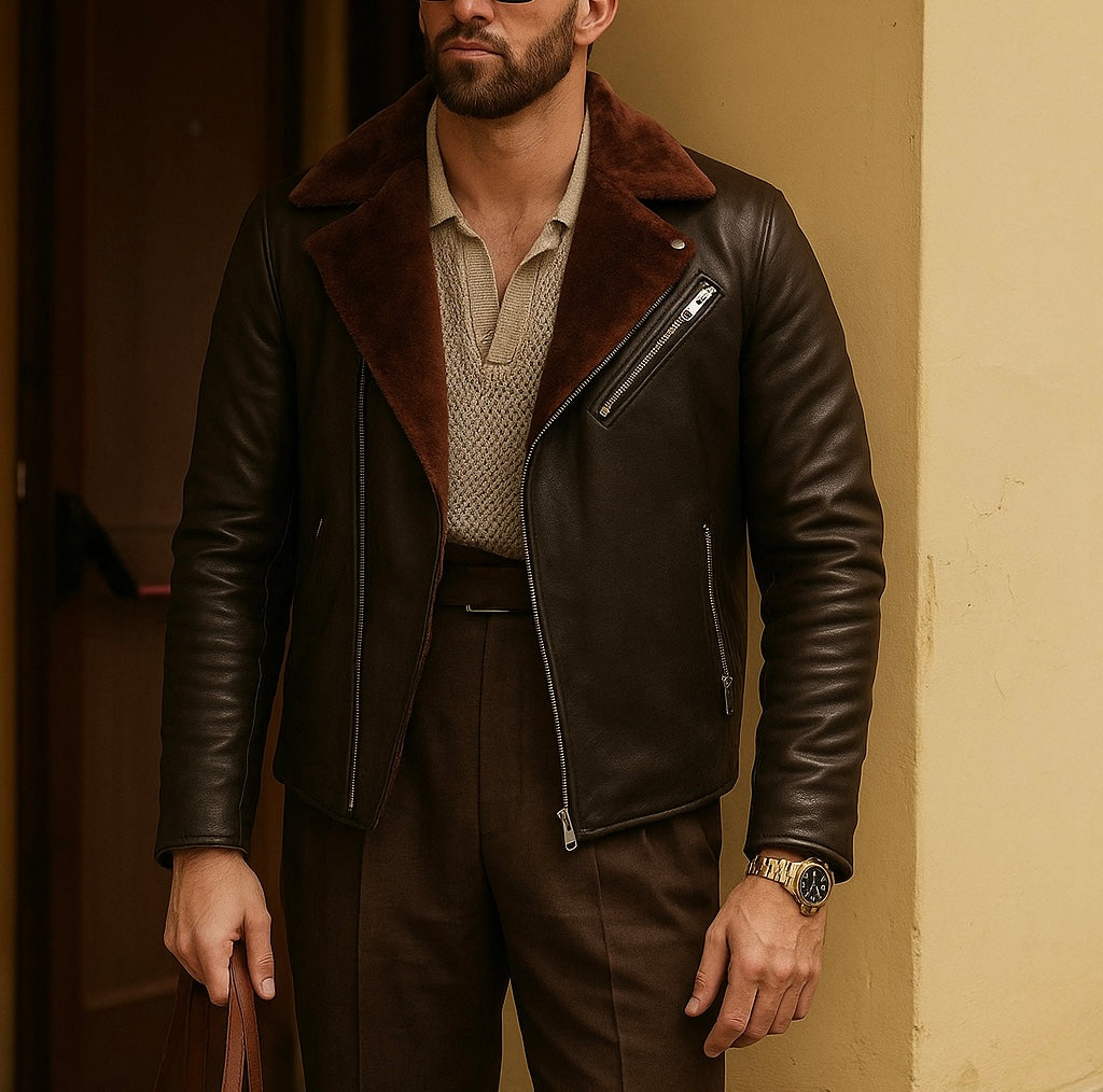 Men's Brown Shearling Collar Leather Jacket