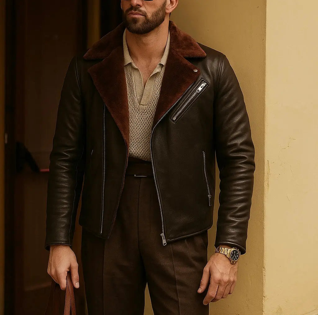 Men's Brown Shearling Collar Leather Jacket Custom Leathers