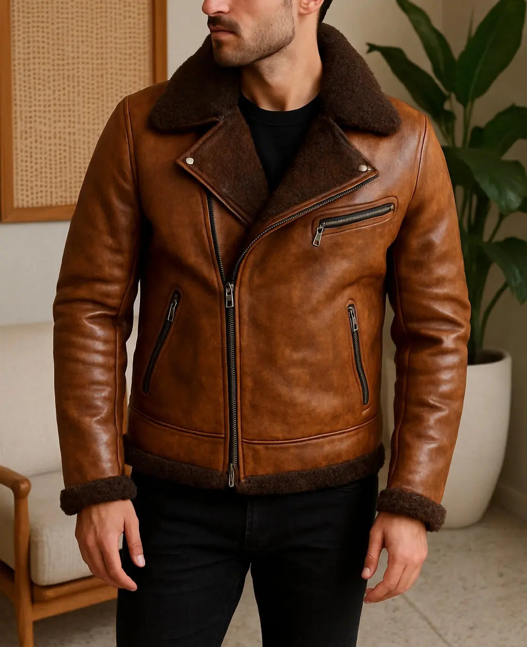 Men's Cognac Brown Shearling Leather Jacket Custom Leathers