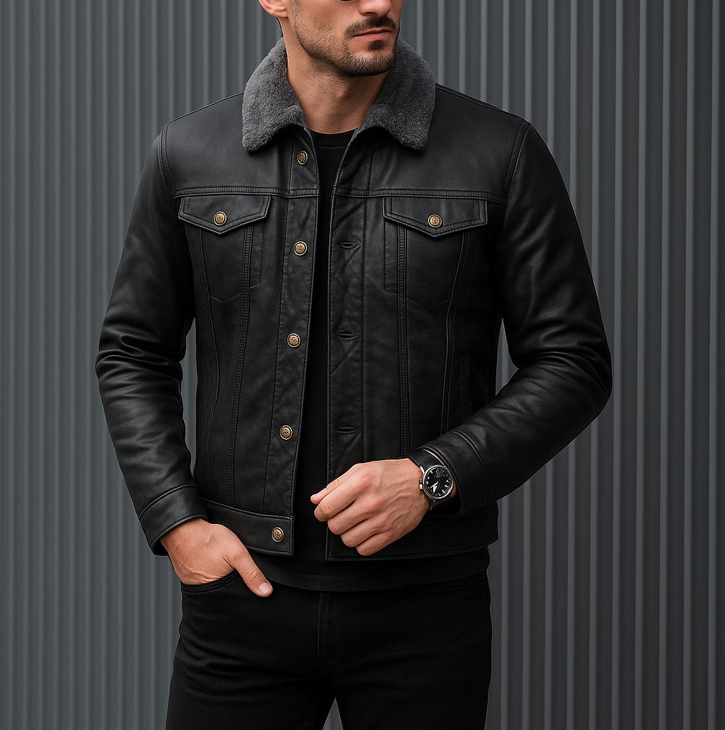 Men's Black Shearling Collar Leather Jacket