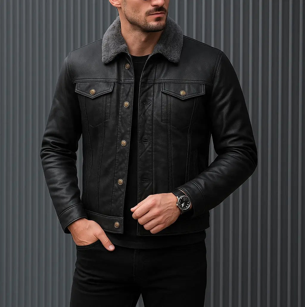 Men's Black Shearling Collar Leather Jacket Custom Leathers