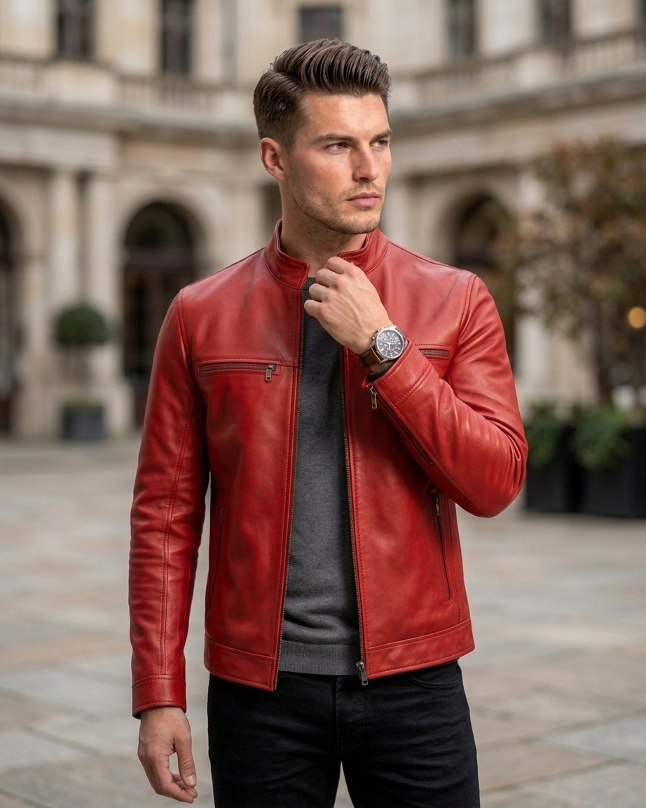 Men's Red Slim Fit Leather Jacket