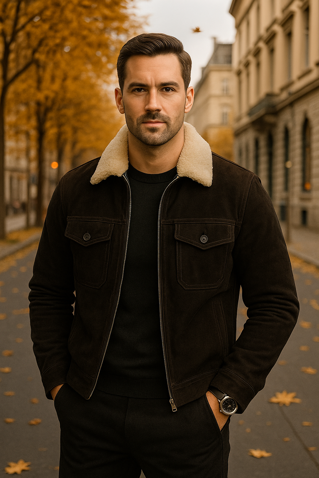 Men's Black Suede Shearling Collar Jacket