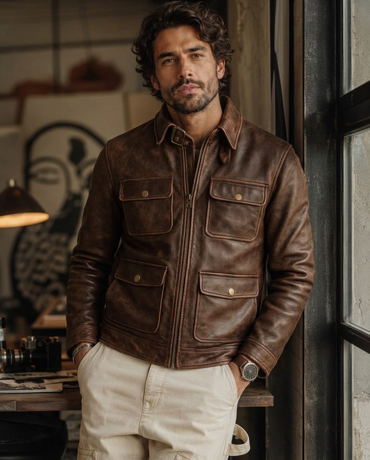 Men's Vintage Brown Leather Field Jacket
