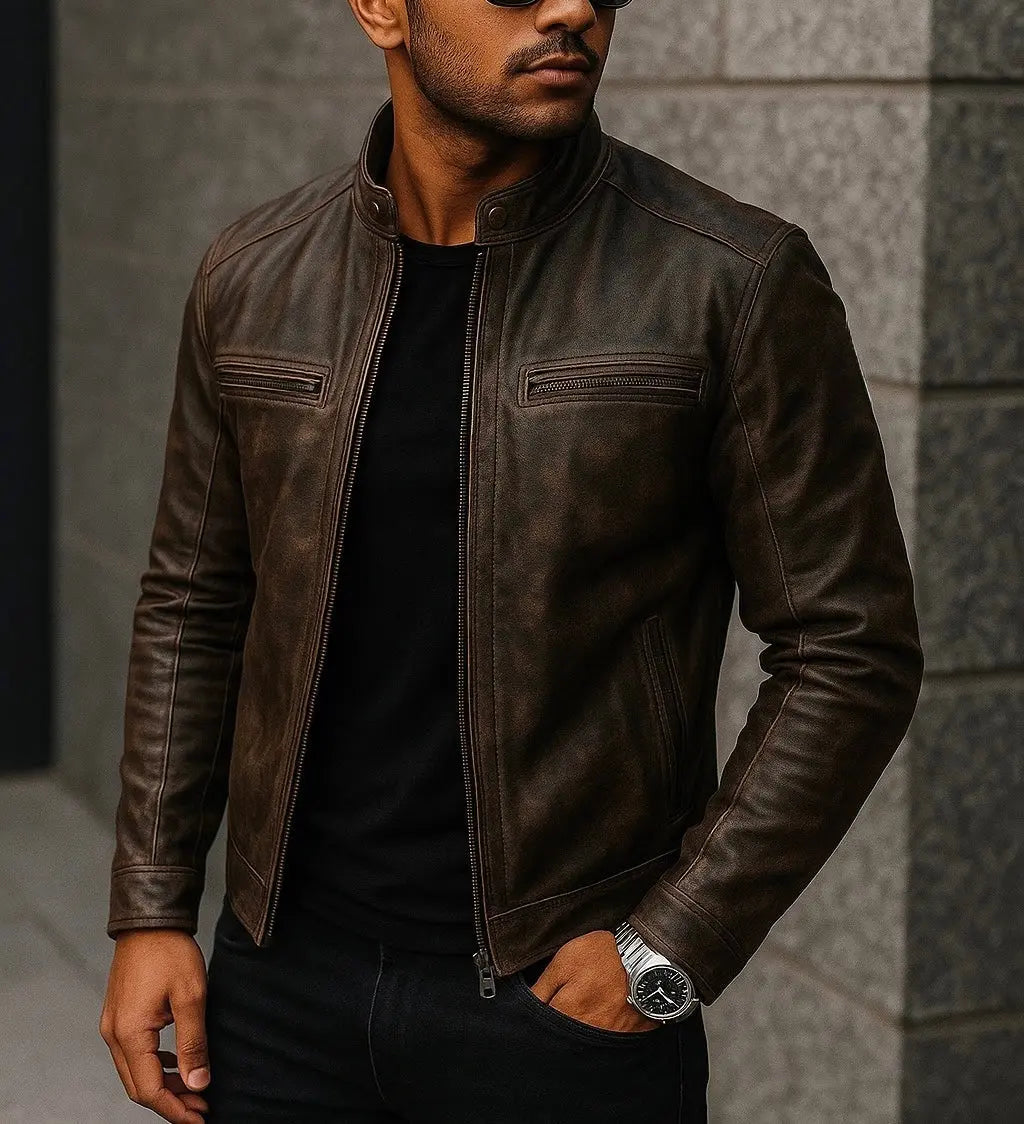 Men's Distressed Dark Brown Leather Jacket with Stand Collar Custom Leathers