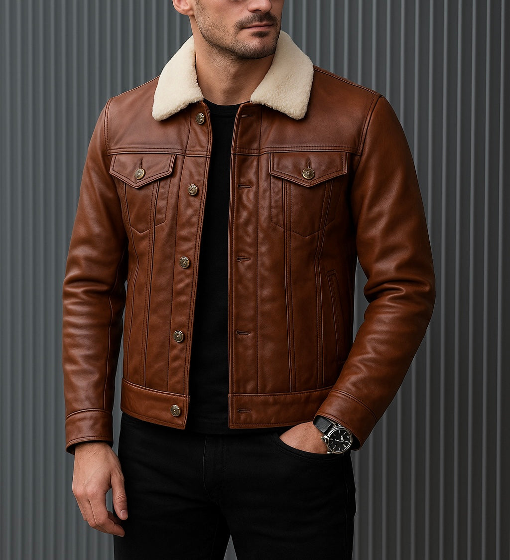 Men's Brown Leather Jacket with Shearling Collar