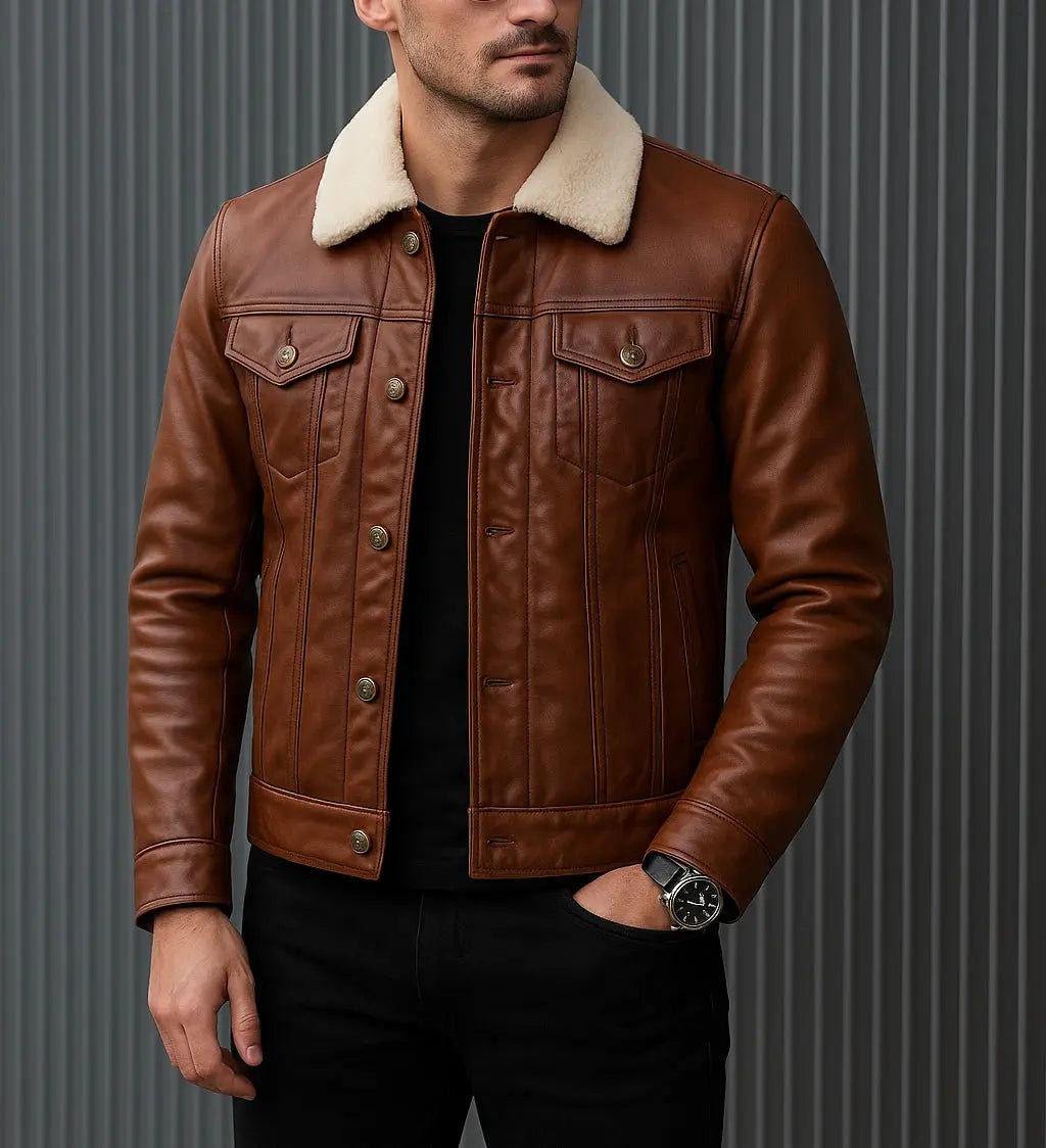 Men's Brown Leather Jacket with Shearling Collar - Custom Leathers