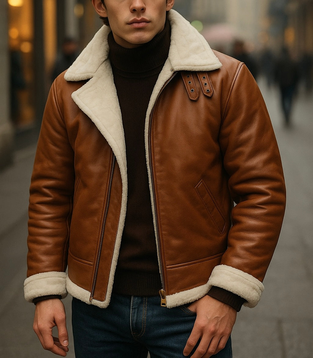 Men's Shearling Lined Brown Leather Aviator Jacket