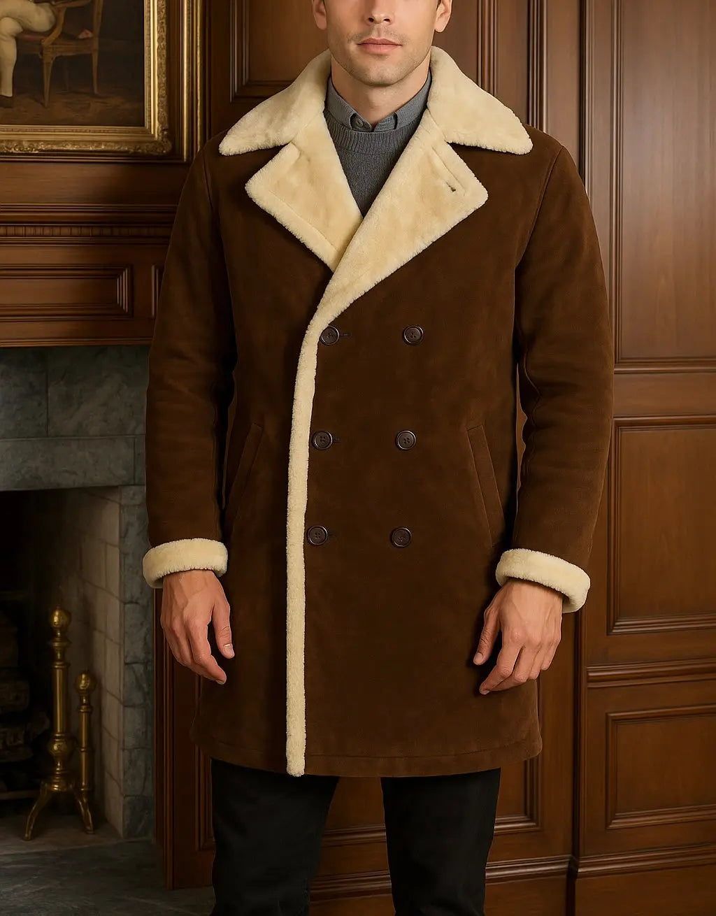 Men's Shearling Lined Brown Suede Double - Custom Leathers