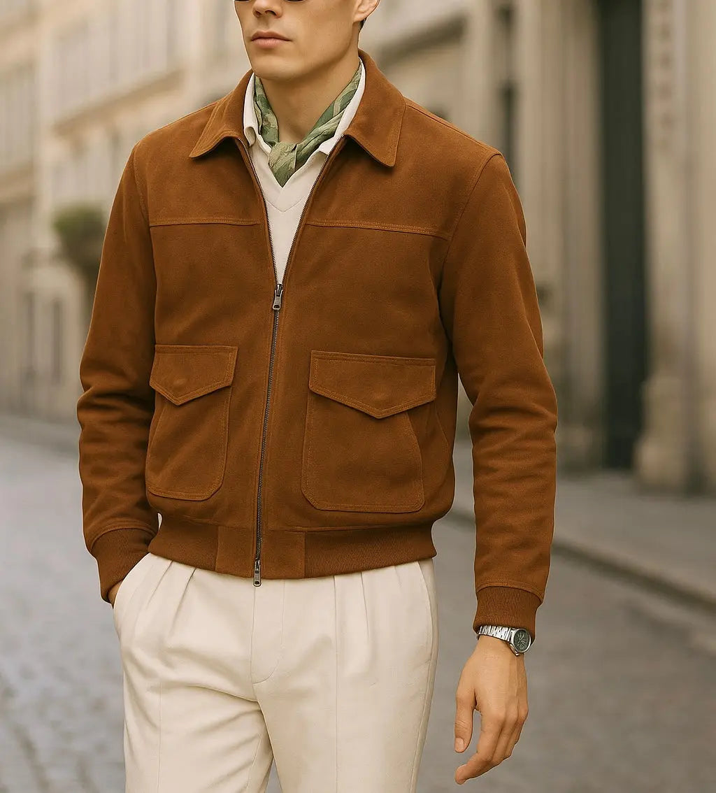 Men's Suede Bomber Jacket in Camel Brown - Custom Leathers