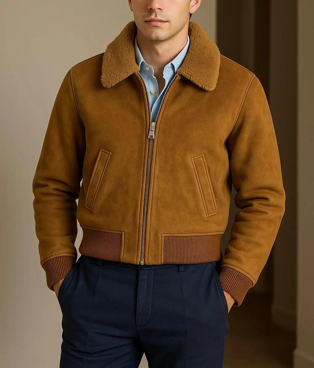 Men's Shearling Collar Suede Bomber Jacket - Custom Leathers