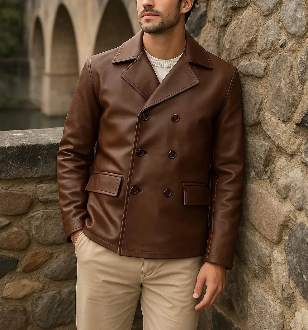 Men's Brown Leather Peacoat Jacket - Custom Leathers