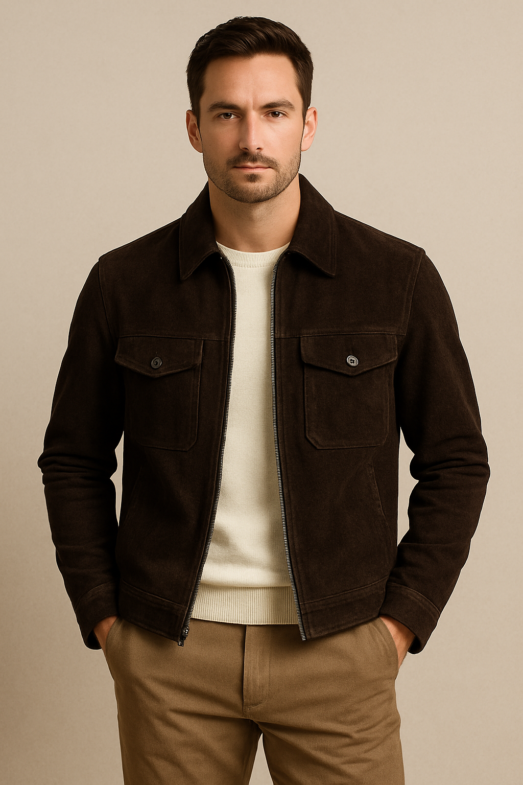 Men's Dark Brown Suede Shirt Collar Jacket