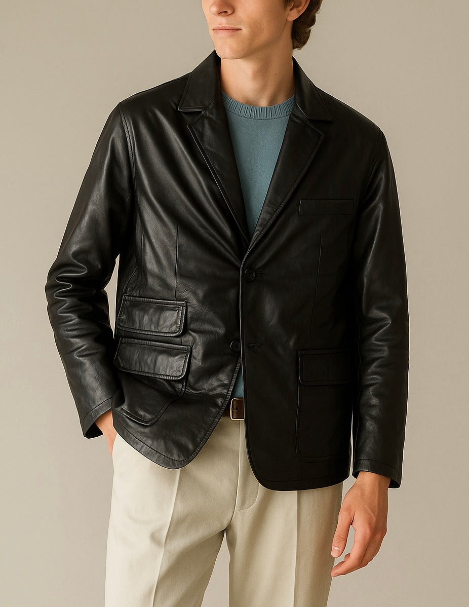 Men's Black Leather Blazer Jacket