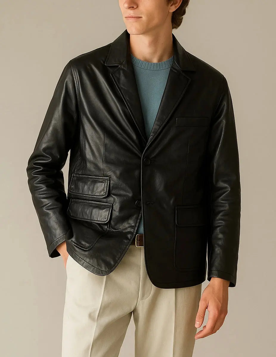 Men's Black Leather Blazer Jacket - Custom Leathers