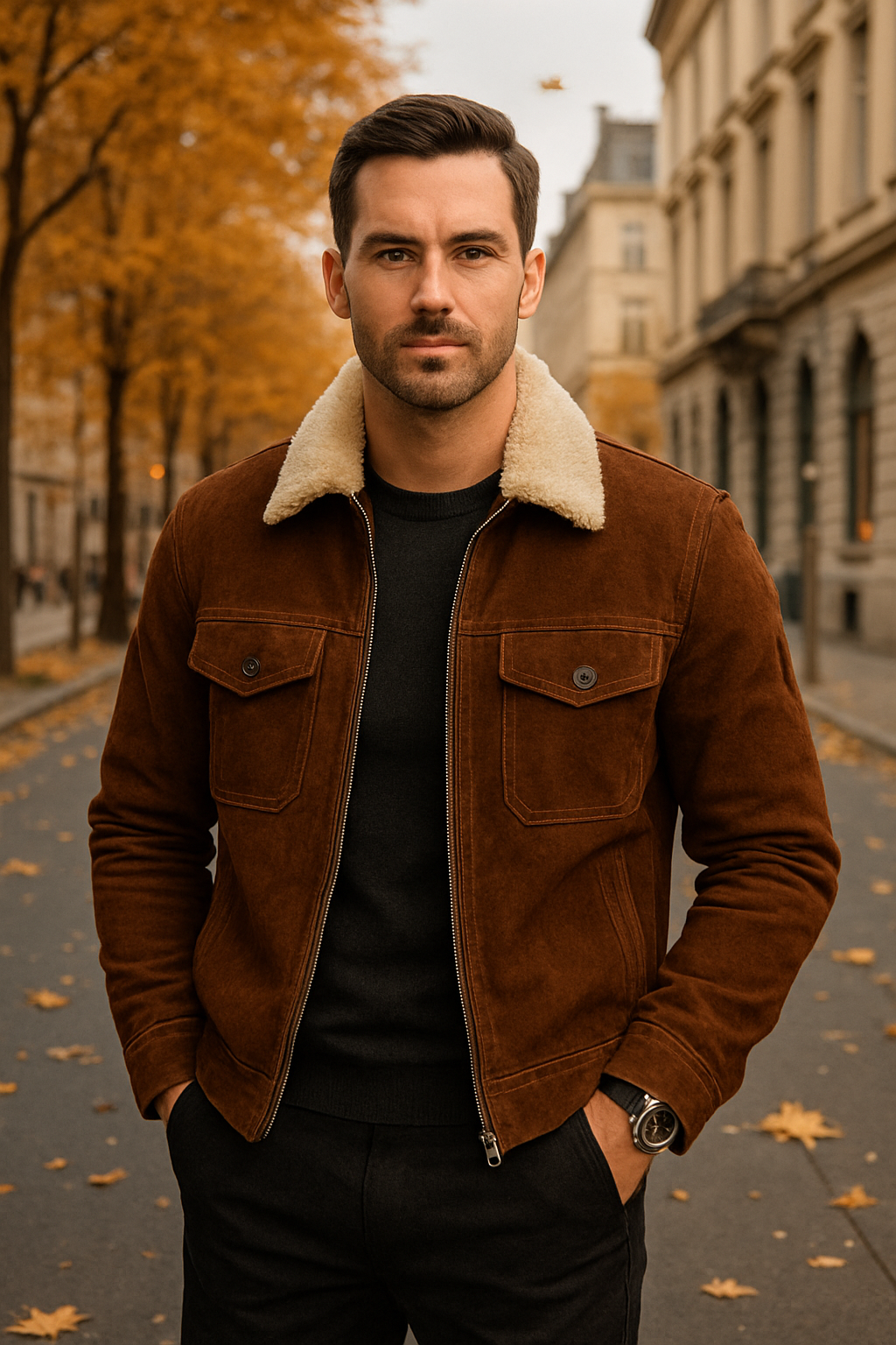 Men's Dark Brown Suede Shearling Collar Jacket