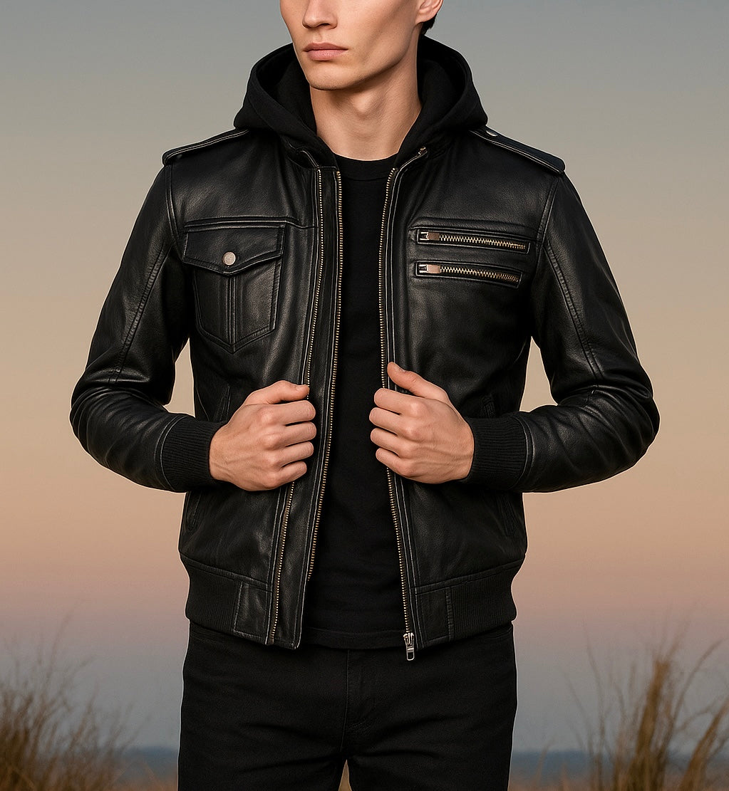 Men's Black Leather Bomber Jacket with Hood