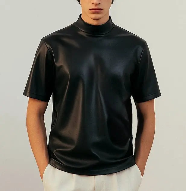 Men's Black Leather High-Neck T-Shirt Custom Leathers