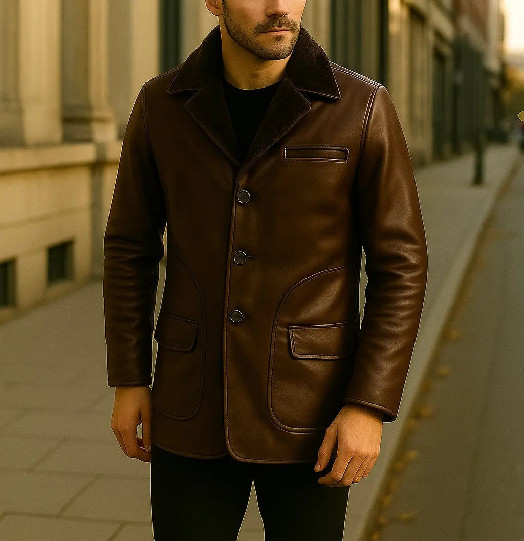 Men's Brown Leather Coat with Shearling Collar - Custom Leathers