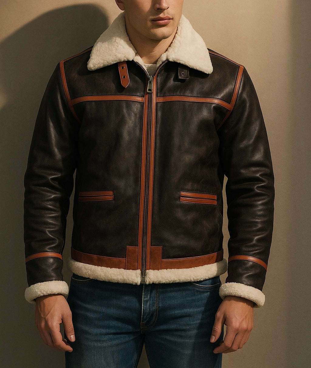 Men's Shearling-Lined Brown Leather Aviator Jacket