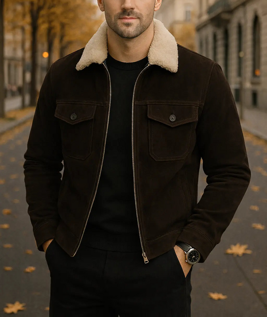 Men's Black Suede Shearling Collar Jacket Custom Leathers