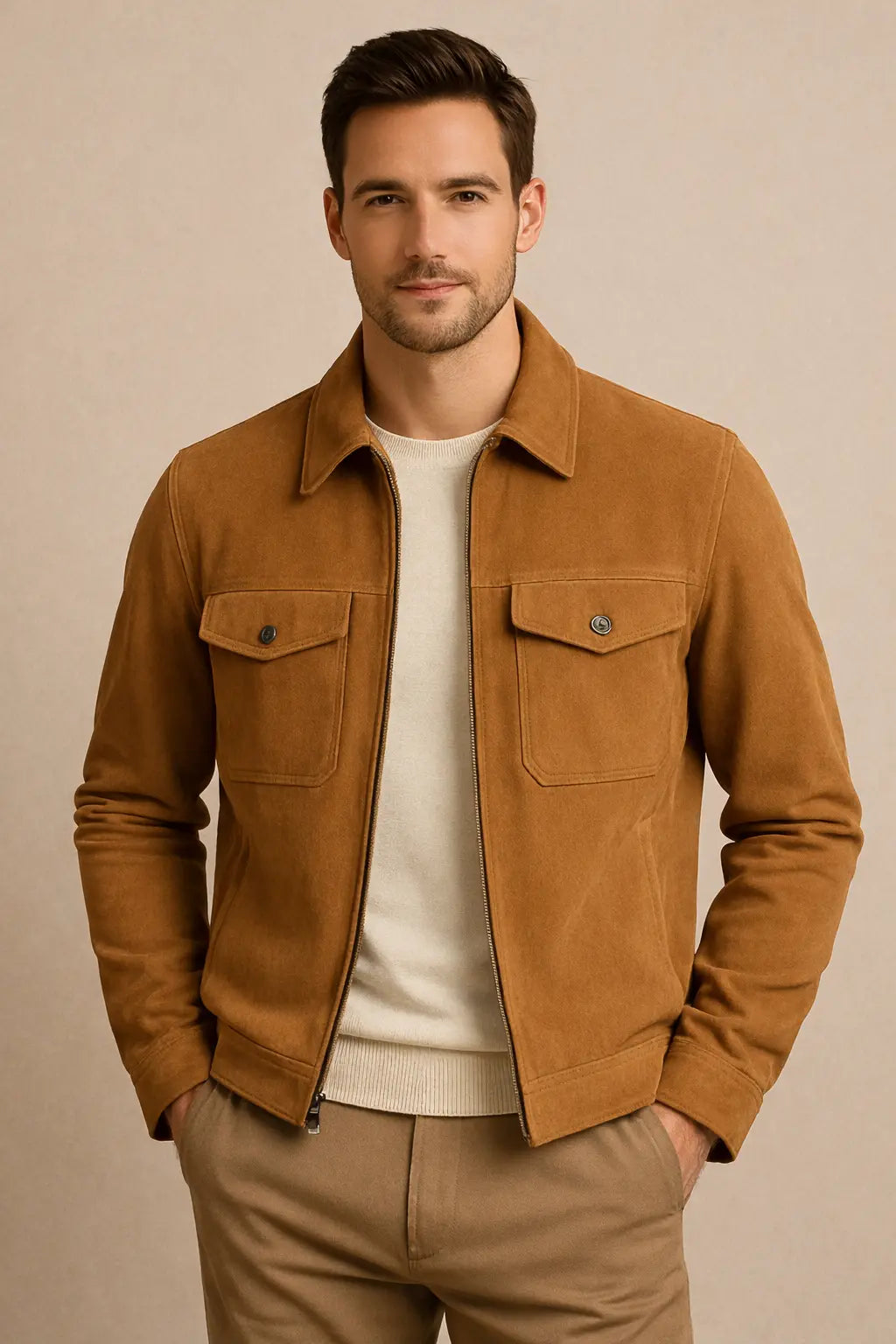 Men's Camel Suede Shirt Collar Jacket Custom Leathers