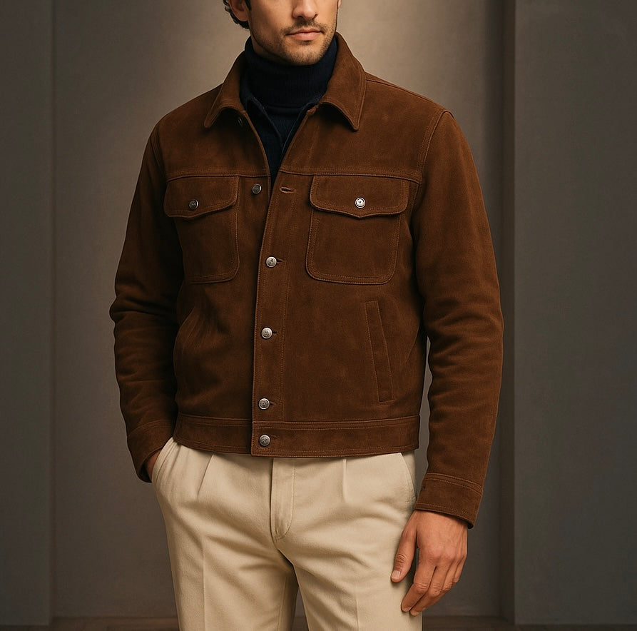 Men's Brown Suede Trucker Jacket