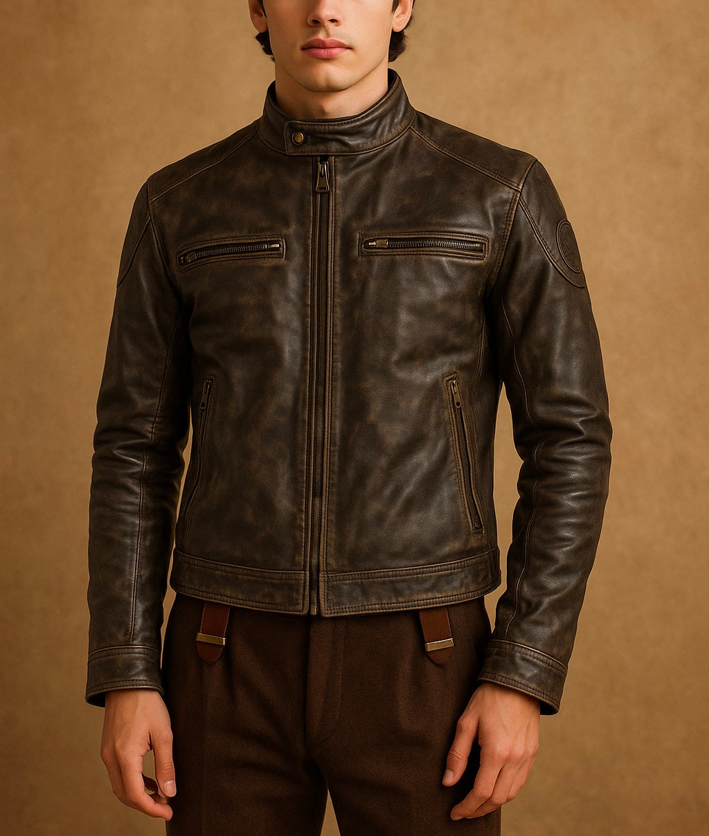 Men's Distressed Brown Leather Biker Jacket