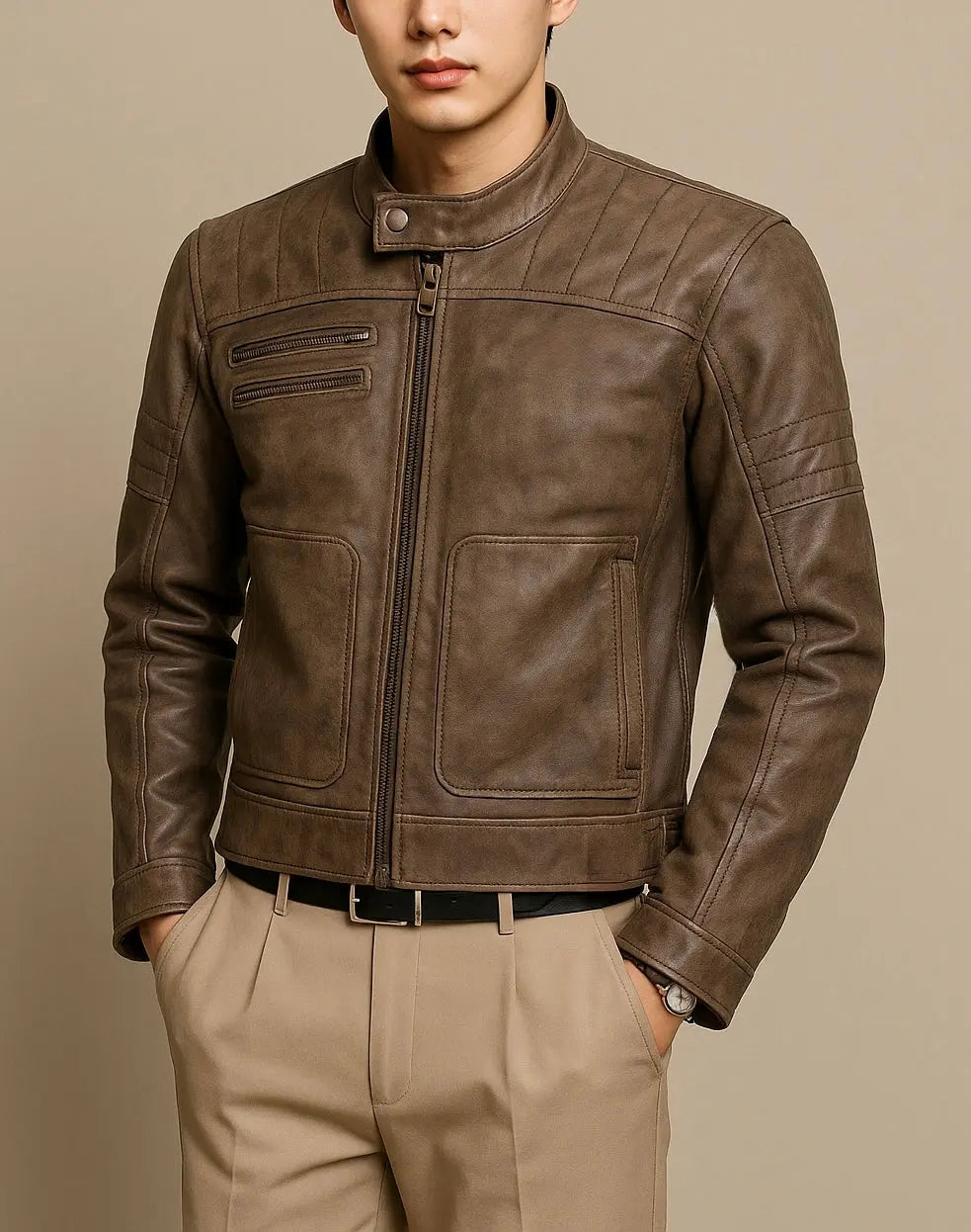 Men's Brown Moto Leather Jacket - Custom Leathers