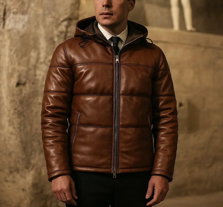 Men's Brown Leather Puffer Jacket with Hood - Custom Leathers