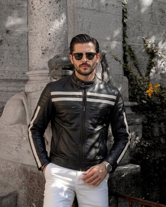 Men's Black Leather Biker Jacket with White Racing Stripes