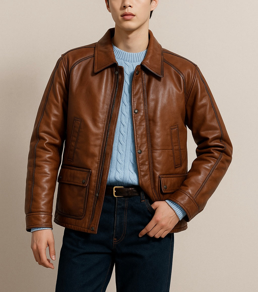 Men's Classic Brown Leather Jacket with Flap Pockets